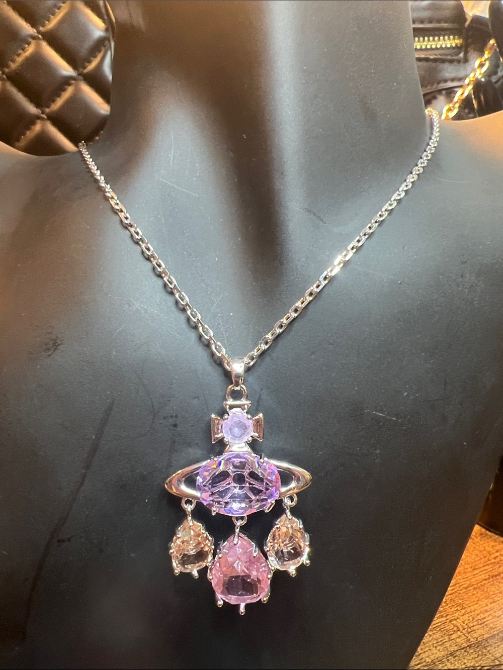 Silver Necklace with Pink and Purple Crystal Pendant